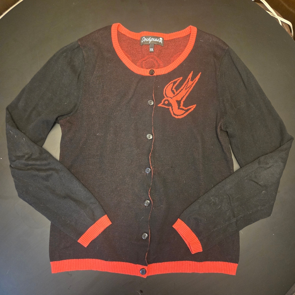 Sourpuss Rockabilly Cardigan | Swallow Graphic | Black Red | Size XXL